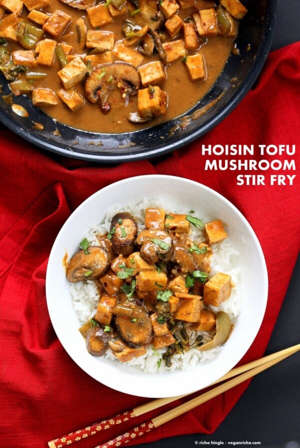 Hoisin Tofu Mushroom Stir Fry with homemade Hoisin Sauce. Easy Weeknight Meal with crisped Tofu, golden mushrooms, broccoli, peppers in from scratch Hoisin sauce. Serve over cooked grains. Vegan Gluten-free Recipe. | VeganRicha.com #glutenfree #veganricha #vegan