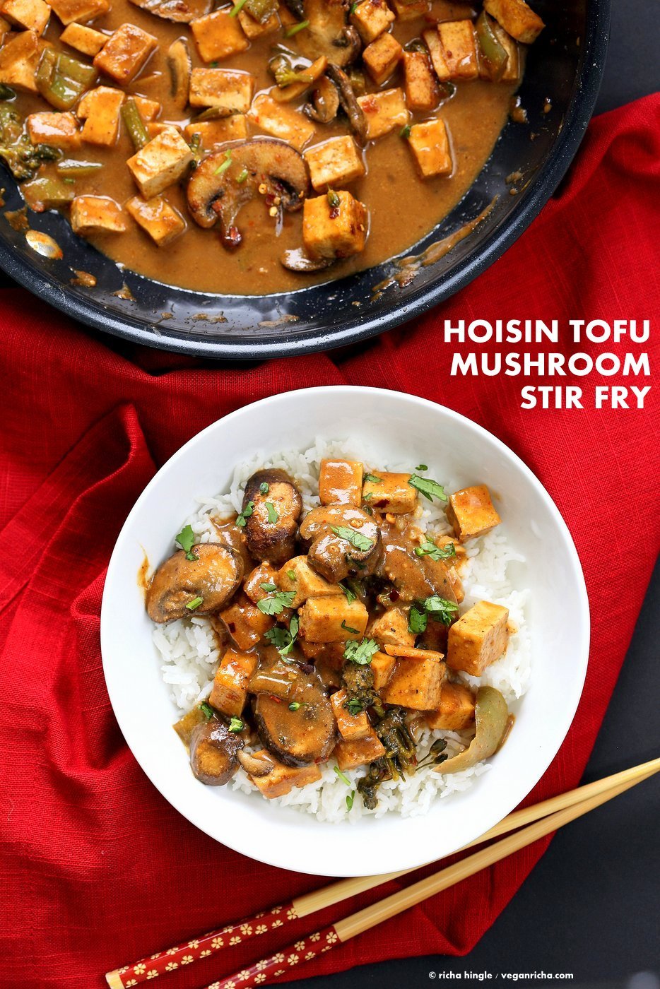 Hoisin Tofu Mushroom Stir Fry with homemade Hoisin Sauce. Easy Weeknight Meal with crisped Tofu, crimini mushrooms, broccoli, peppers in from scratch Hoisin sauce. Serve over cooked grains. Vegan Gluten-free Recipe. | VeganRicha.com