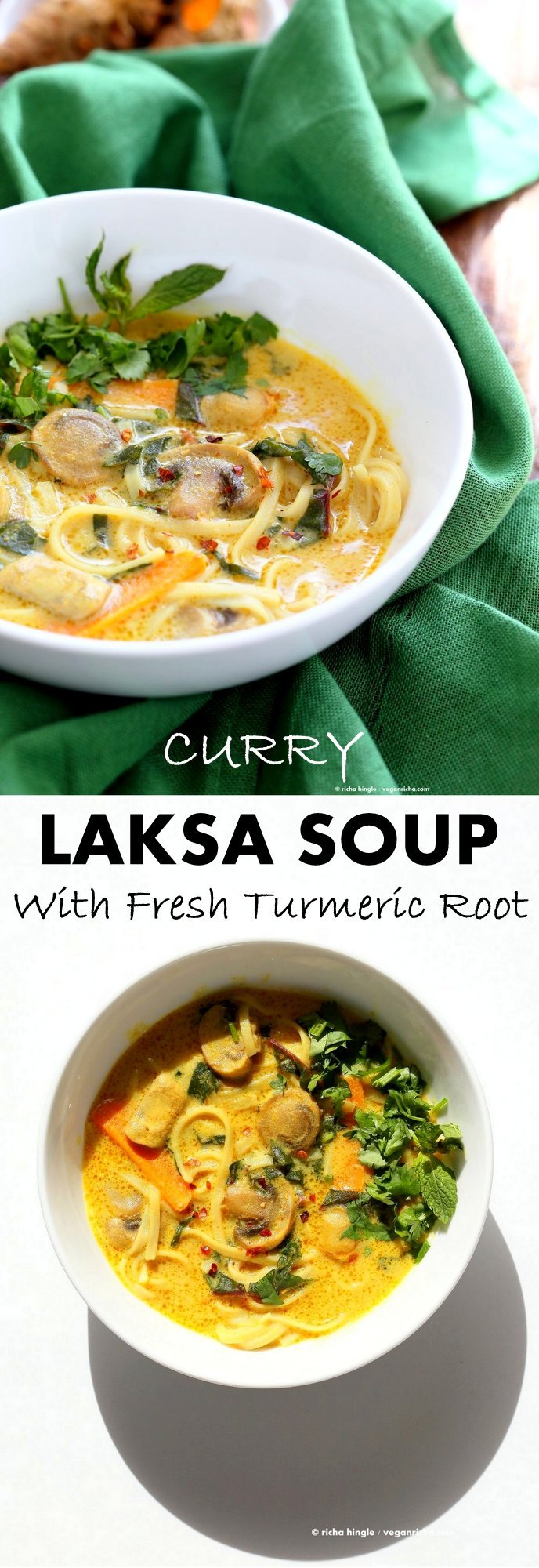 Vegan Laksa - Malaysian Curry Laksa Soup Recipe with homemade Laksa paste. Warming, spicy, flavorful soup for fall and winter. #Vegan #Glutenfree #Soyfree #Recipe | VeganRicha.com