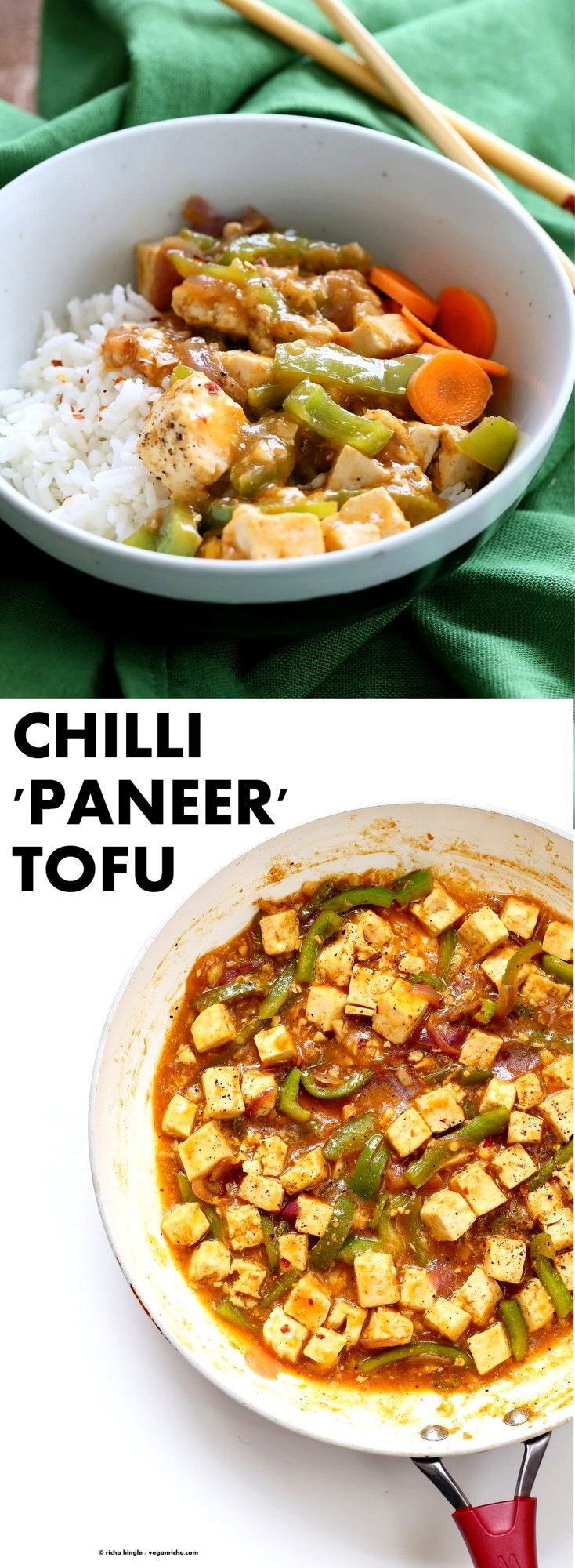 Chilli Tofu - Indian Chilli "Paneer" Recipe. Chilli Paneer is an Indo-chinese fusion stir fry served with other fusion noodles or fried rice. Crisp Tofu replaces the Paneer cheese in this delicious and quick version. Vegan Gluten-free Nut-free Recipe | VeganRicha.com