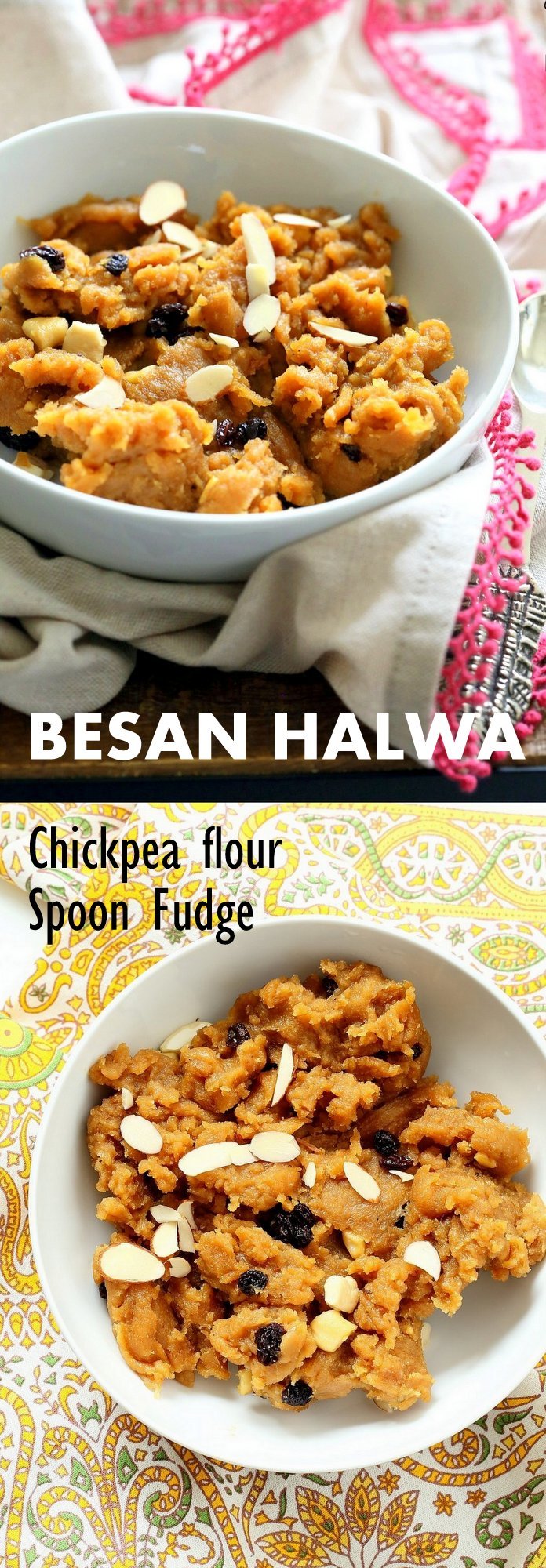 Besan Halwa is a fudgy dessert made with chickpea flour or besan. Chickpea flour Spoon fudge with cardamom and nuts. Use other grain or bean or lentil flours for variation. 6 Ingredients, 15 Mins. Vegan Gluten-free Grain-free Dessert Recipe. | VeganRicha.com