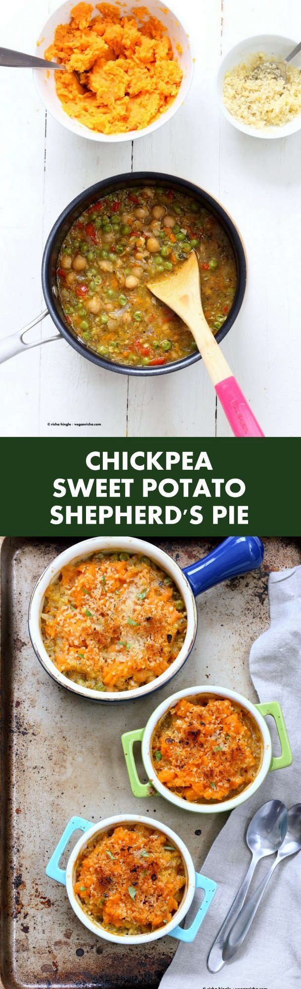 Vegan Shepherds Pie with Chickpeas and Sweet Potato mash. Crusted with breadcrumbs, garlic and herbs. 1 hour easy Vegetarian Shepherds Pie. Vegan Nut-free Soy-free Recipe. Can be gluten-free | VeganRicha.com