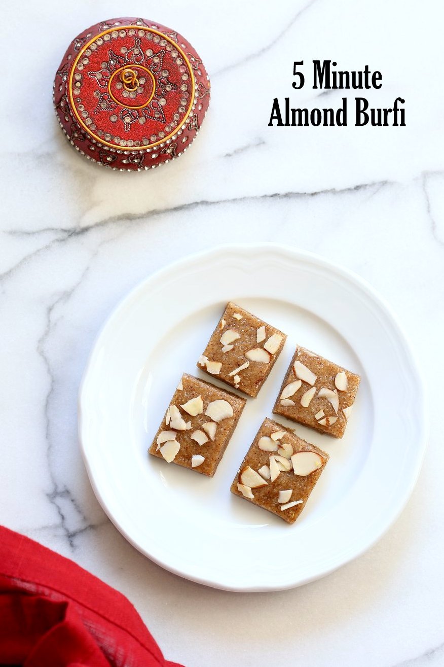 Badam Burfi - 5 min Almond fudge with Cardamom and Vegan Basundi - thickened milk with saffron and nuts. Basundi or Rabri with almond milk. Indian Vegan Sweets for Diwali. Vegan Dairy-free Gluten-free Soy-free Recipe. | VeganRicha.com
