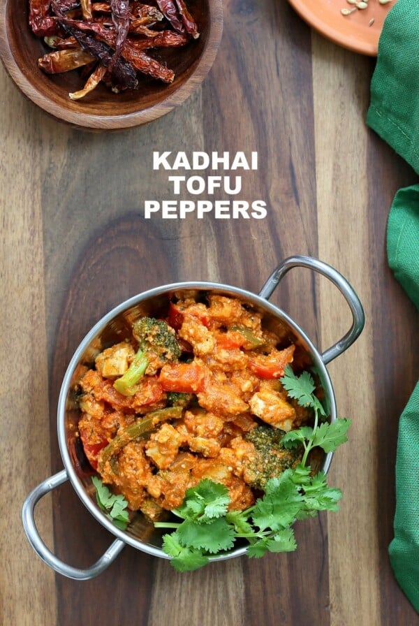Kadai "Paneer" Tofu & Peppers. Kadhai Tofu in spiced tomato sauce. Shimla Mirch/ Capsicum, Broccoli and Crisped Hemp Tofu in an easy blender tomato almond sauce makes a great entree for Diwali. Vegan Gluten-free Soy-free Cashew-free Recipe. | VeganRicha.com #glutenfree #veganricha #vegan