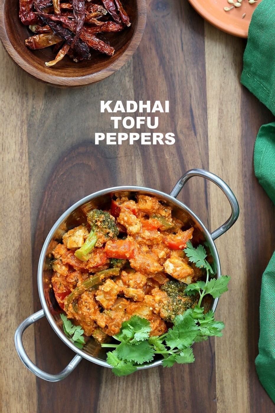 Kadai Paneer Tofu & Peppers. Kadhai Tofu in spiced tomato sauce. Shimla Mirch/ Capsicum, Broccoli and Crisped Hemp Tofu in an easy blender tomato almond sauce makes a great entree for Diwali. Vegan Gluten-free Soy-free Cashew-free Recipe. | VeganRicha.com
