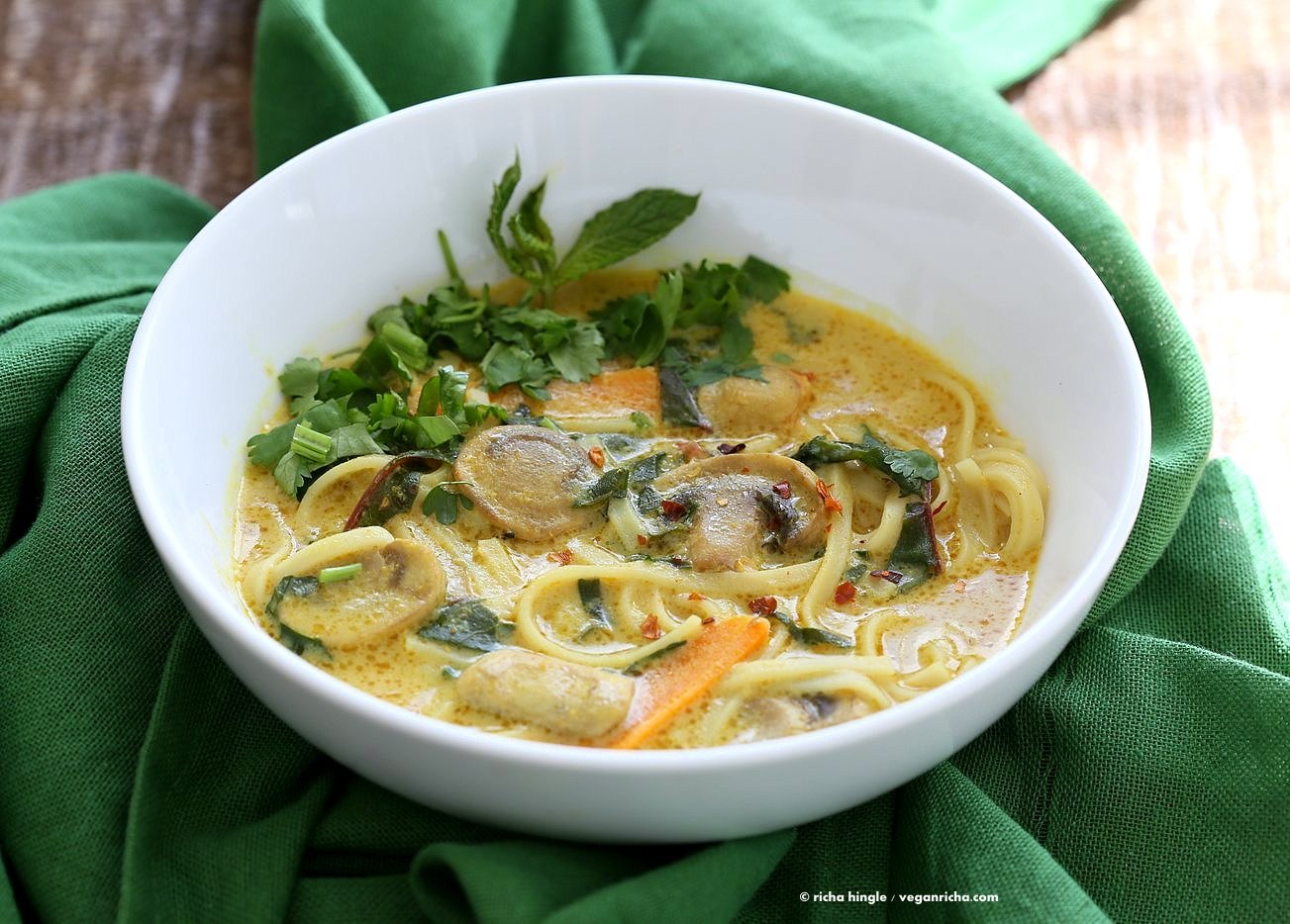 Vegan Laksa - Malaysian Curry Laksa Soup Recipe with homemade Laksa paste. Warming, spicy, flavorful soup for fall and winter. Vegan Gluten-free Soy-free Recipe | VeganRicha.com