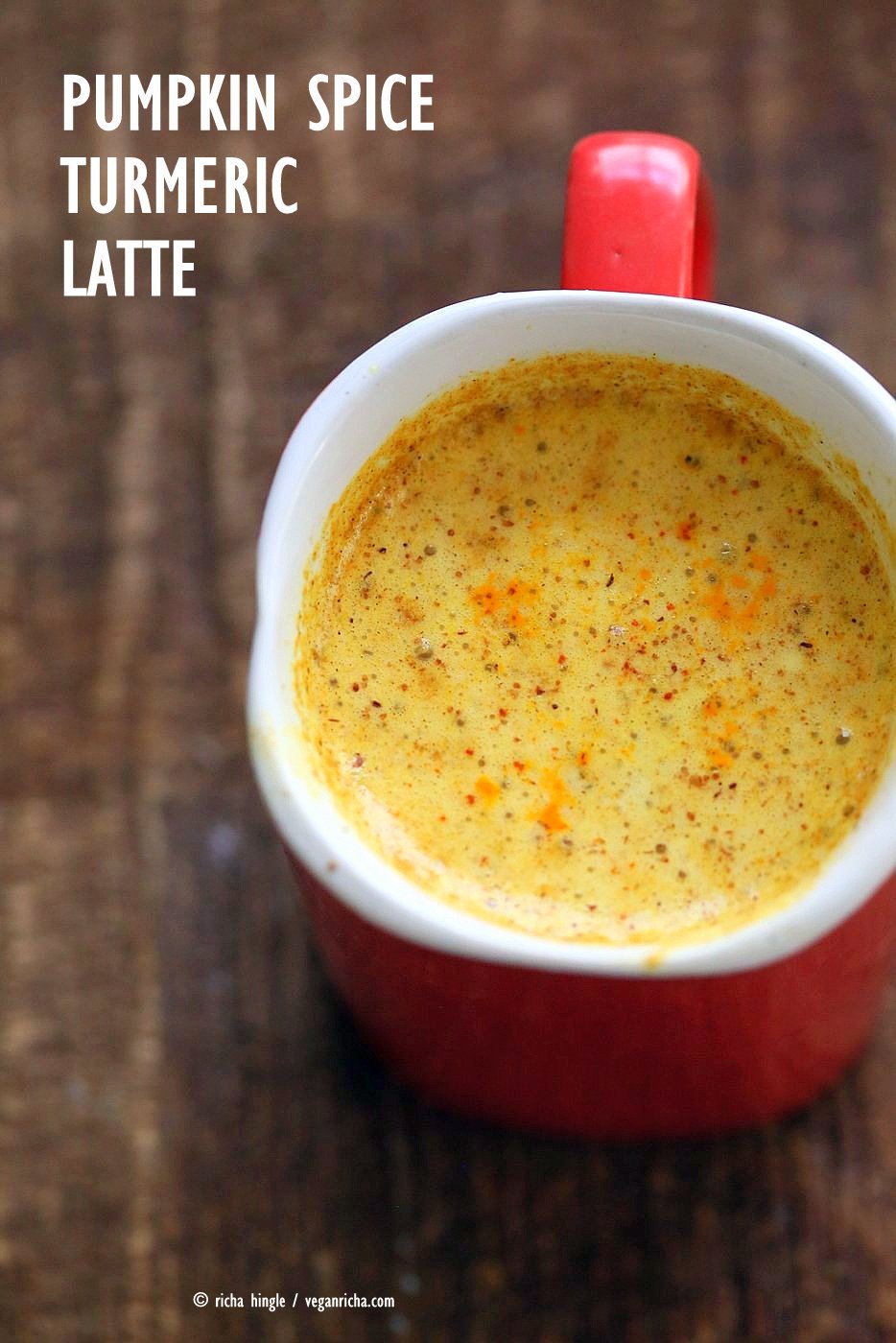 Pumpkin Pie Spice Turmeric Latte. Warming comforting latte with pumpkin pie spices and turmeric. Ready in 10 minutes. Vegan Gluten-free Recipe | VeganRicha.com