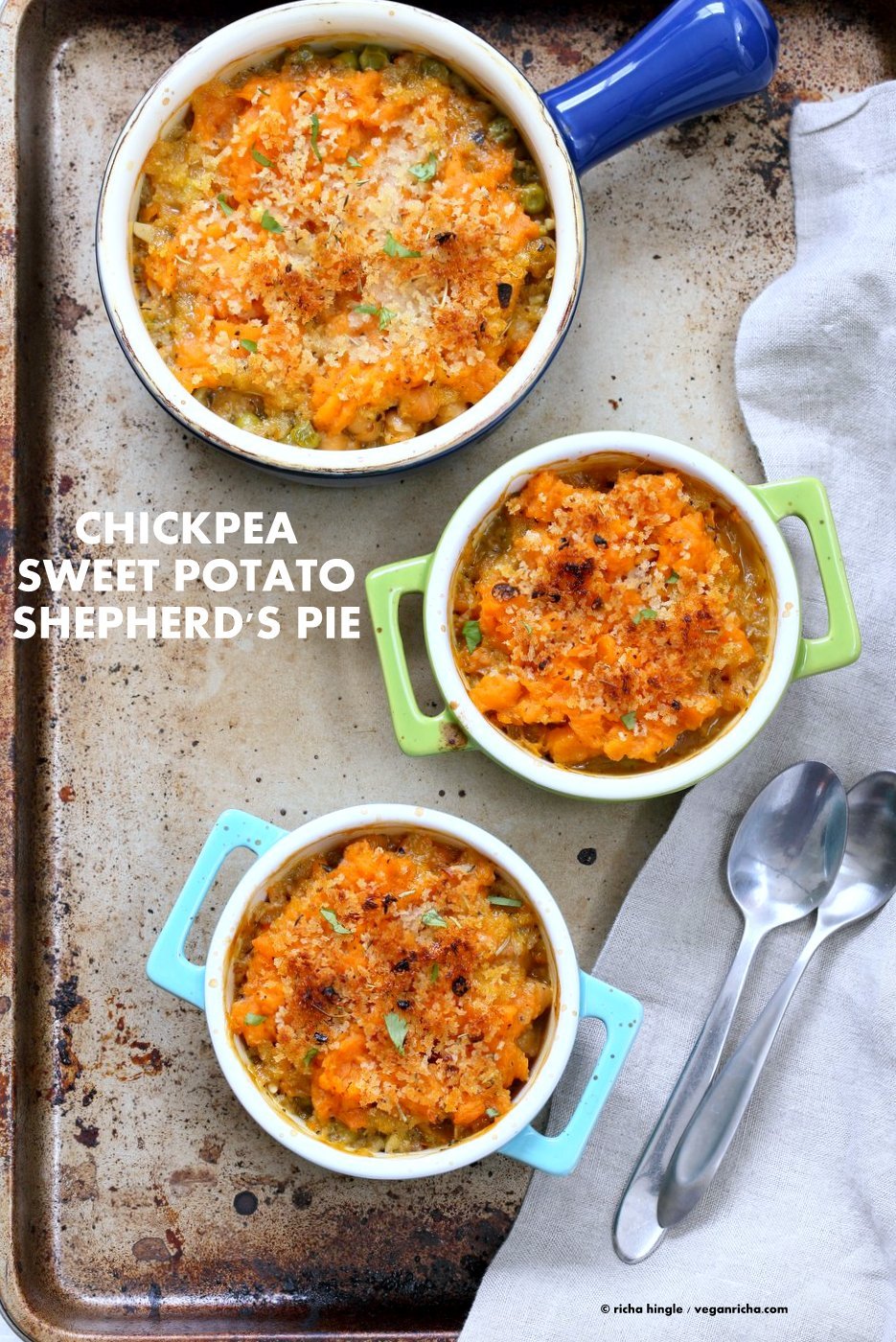 Vegan Shepherds Pie with Chickpeas and Sweet Potato mash. Crusted with breadcrumbs, garlic and herbs. 1 hour easy Vegetarian Shepherds Pie Vegan Shepherds Pie with Chickpeas and Sweet Potato mash. Crusted with breadcrumbs, garlic and herbs. 1 hour easy Vegetarian Shepherds Pie. Vegan Nut-free Soy-free Recipe. Can be gluten-free | VeganRicha.com