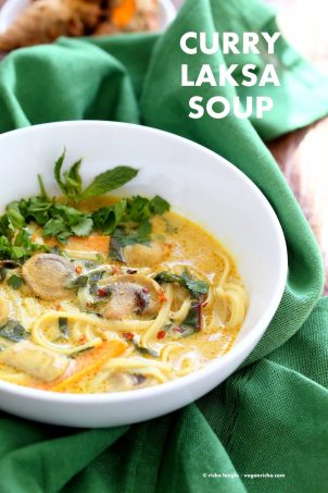 Vegan Laksa - Malaysian Curry Laksa Soup Recipe with homemade Laksa paste. Warming, spicy, flavorful soup for fall and winter. Vegan Gluten-free Soy-free Recipe | VeganRicha.com #glutenfree #veganricha #vegan
