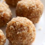Toasted Coconut Balls - Toasted Coconut Cardamom Ladoo. Soft balls of coconut, coconut milk, cardamom and coconut sugar to celebrate Indian festivals. Use other flavors of choice. | VeganRicha.com