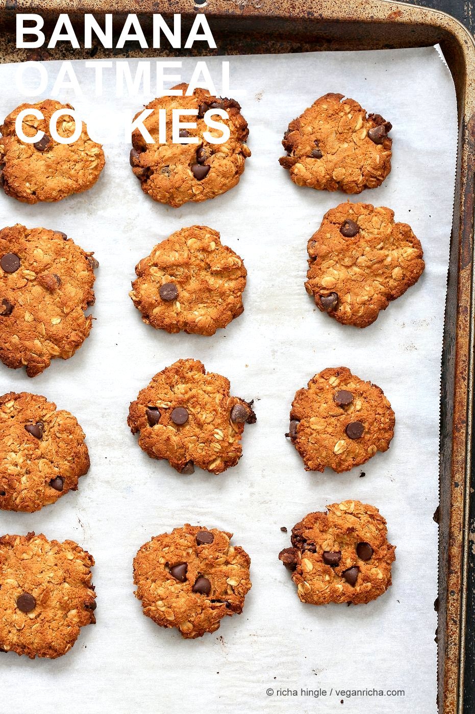 Banana Oatmeal Cookies. Gluten-free Banana Oatmeal Breakfast Cookies with Chocolate chips. 1 Bowl 20 minute Banana Cookies. Vegan Gluten-free Recipe | VeganRicha.com