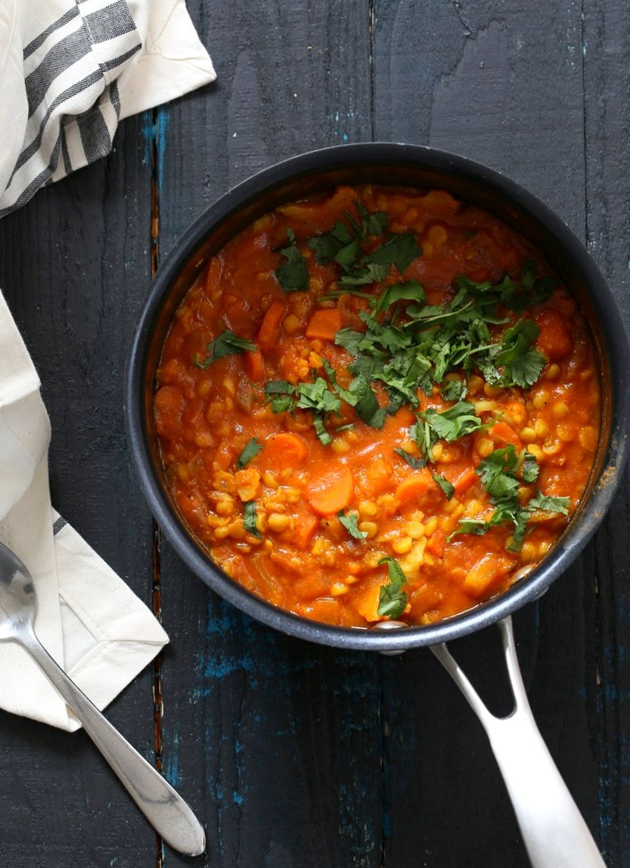Chana Dal Veggie Carrot Soup. Easy Split Pea Soup with turmeric, spices, carrots, cauliflower, butternut squash. 1 Pot ready within 45 minutes. Use split chickpeas (Chana Dal) or other split peas or lentils. Vegan Gluten-free Soy-free Recipe | VeganRicha.com