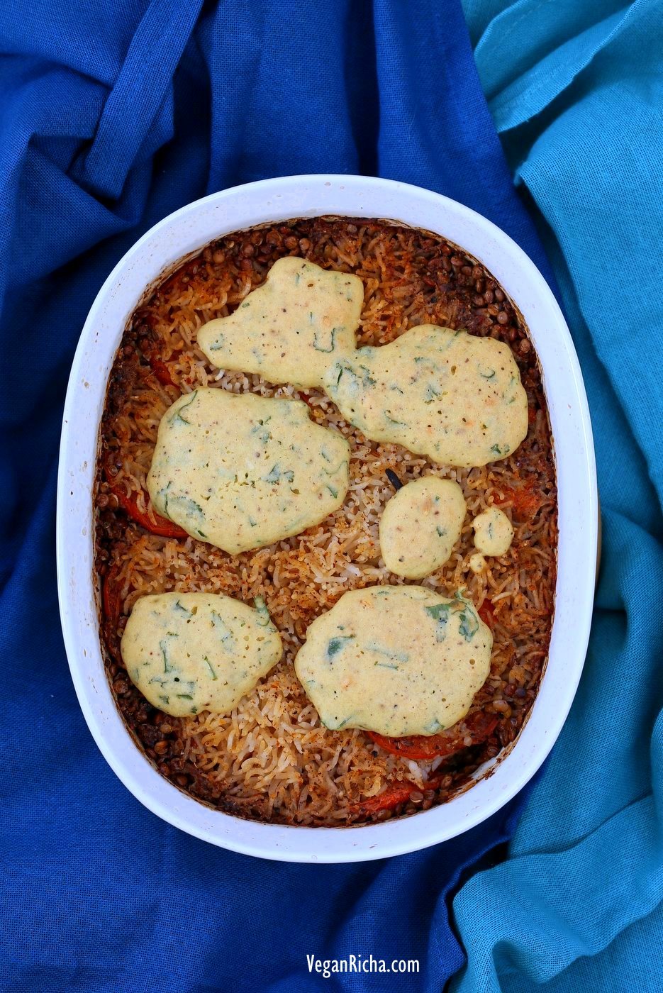 Lentil Rice Casserole with Indian spices baked with chickpea flour dumplings. Use veggies and lentils of choice. Vegan Gluten-free Soy-free Recipe. | VeganRicha.com