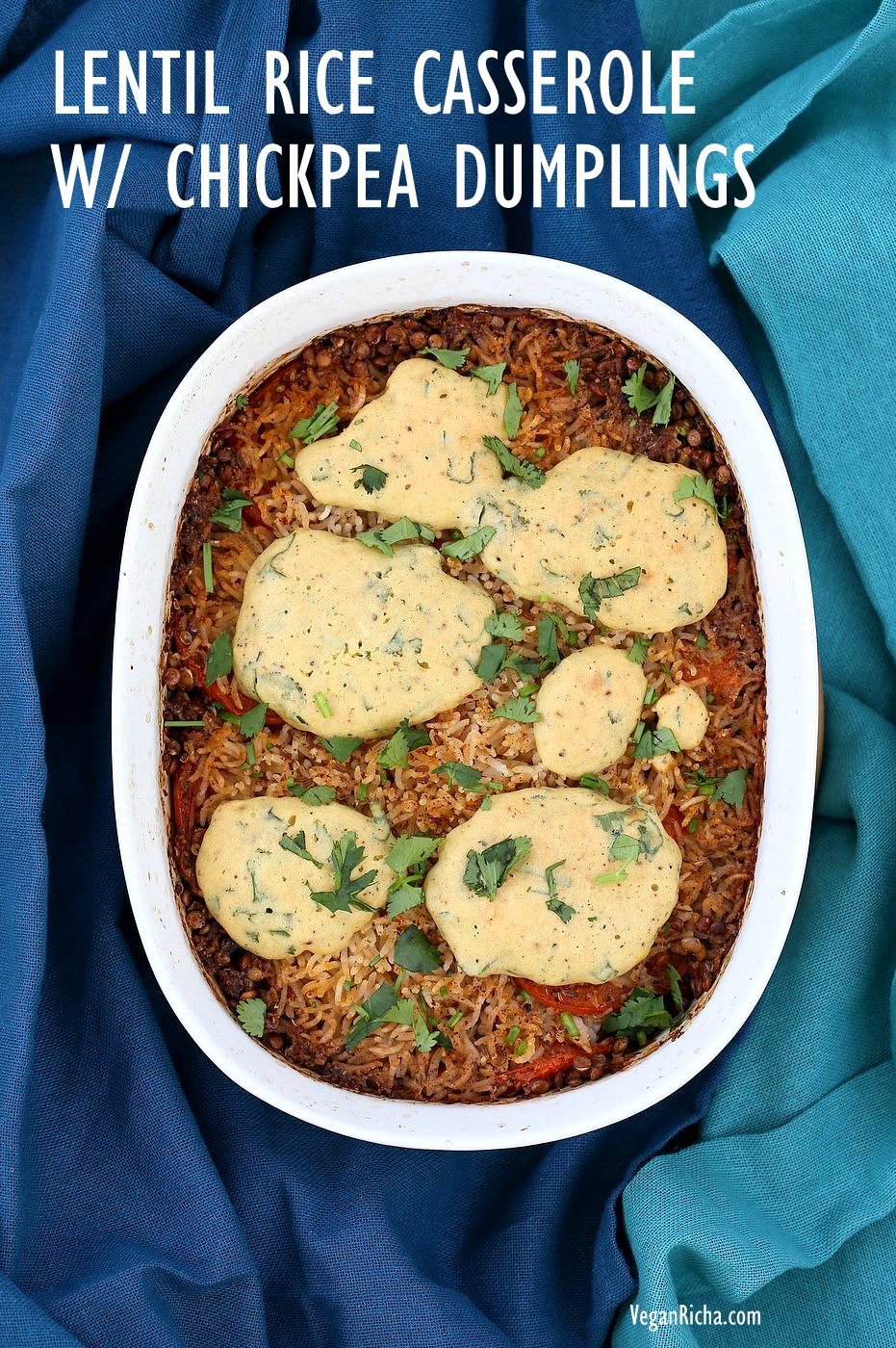 Lentil Rice Casserole with Indian spices baked with chickpea flour dumplings. Use veggies and lentils of choice. Vegan Gluten-free Soy-free Recipe. | VeganRicha.com