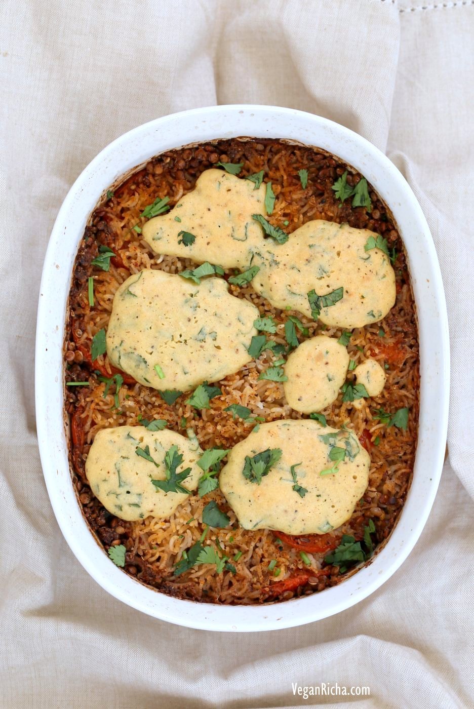 Lentil Rice Casserole with Indian spices baked with chickpea flour dumplings. Use veggies and lentils of choice. Vegan Gluten-free Soy-free Recipe. | VeganRicha.com