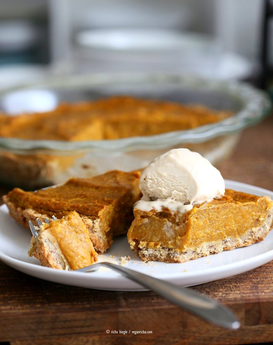Easy Vegan Pumpkin Pie with a few ingredients and a rustic crust. Can be made gluten-free. Serve with whipped coconut cream or vanilla ice cream. | VeganRicha,com