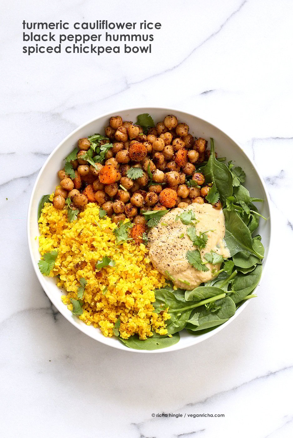 Spiced Chickpeas Turmeric Cauliflower Rice Buddha Bowl with Black Pepper Hummus. Amazing Flavors for any meal. Ready within 25 minutes. Vegan Gluten-free Soy-free Recipe | VeganRicha.com