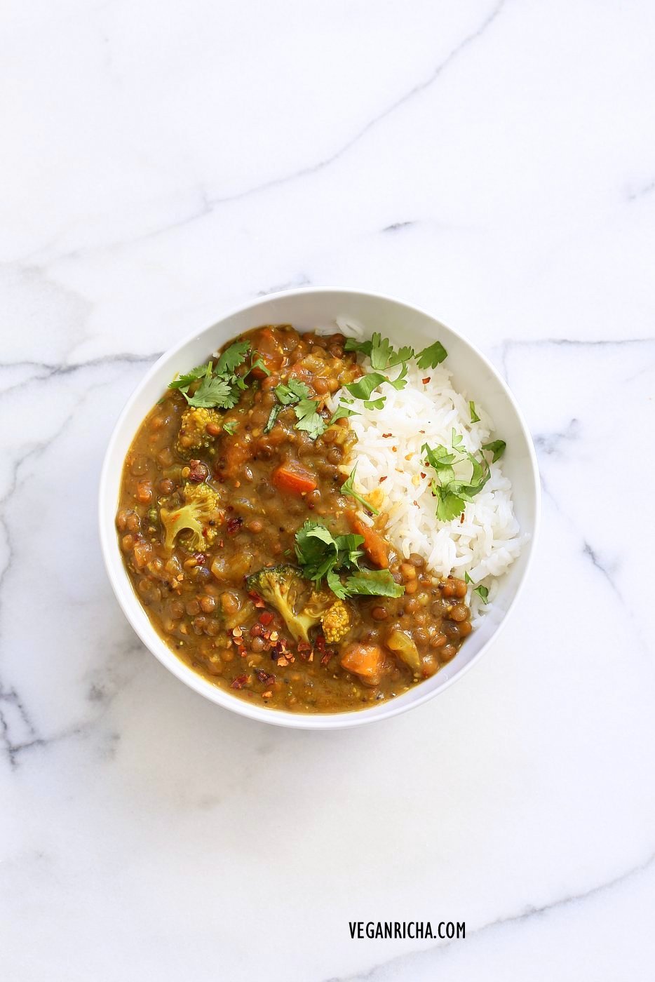 Brown Lentil Soup with Broccoli, Fenugreek seeds and black pepper. Warming Winter soup with veggies and fenugreek for healing and detox. Vegan Gluten-free Soy-free Dal Recipe | VeganRicha.com