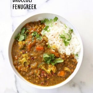 Brown Lentil Soup with Broccoli, Fenugreek seeds and black pepper. Warming Winter soup with veggies and fenugreek for healing and detox. Vegan Gluten-free Soy-free Dal Recipe | VeganRicha.com #glutenfree #veganricha #vegan