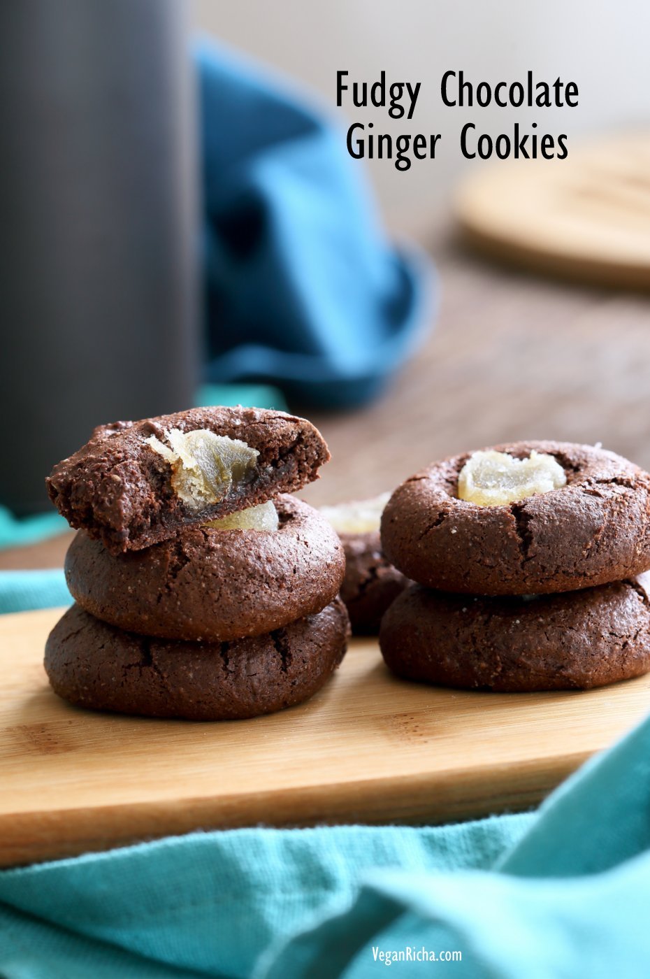 Fudgy Chocolate Cookies with Candied Ginger. Flourless Dark Chocolate Ginger Cookies. Vegan Gluten-free Paleo Refined oil-free Cookie Recipe | VeganRicha.com