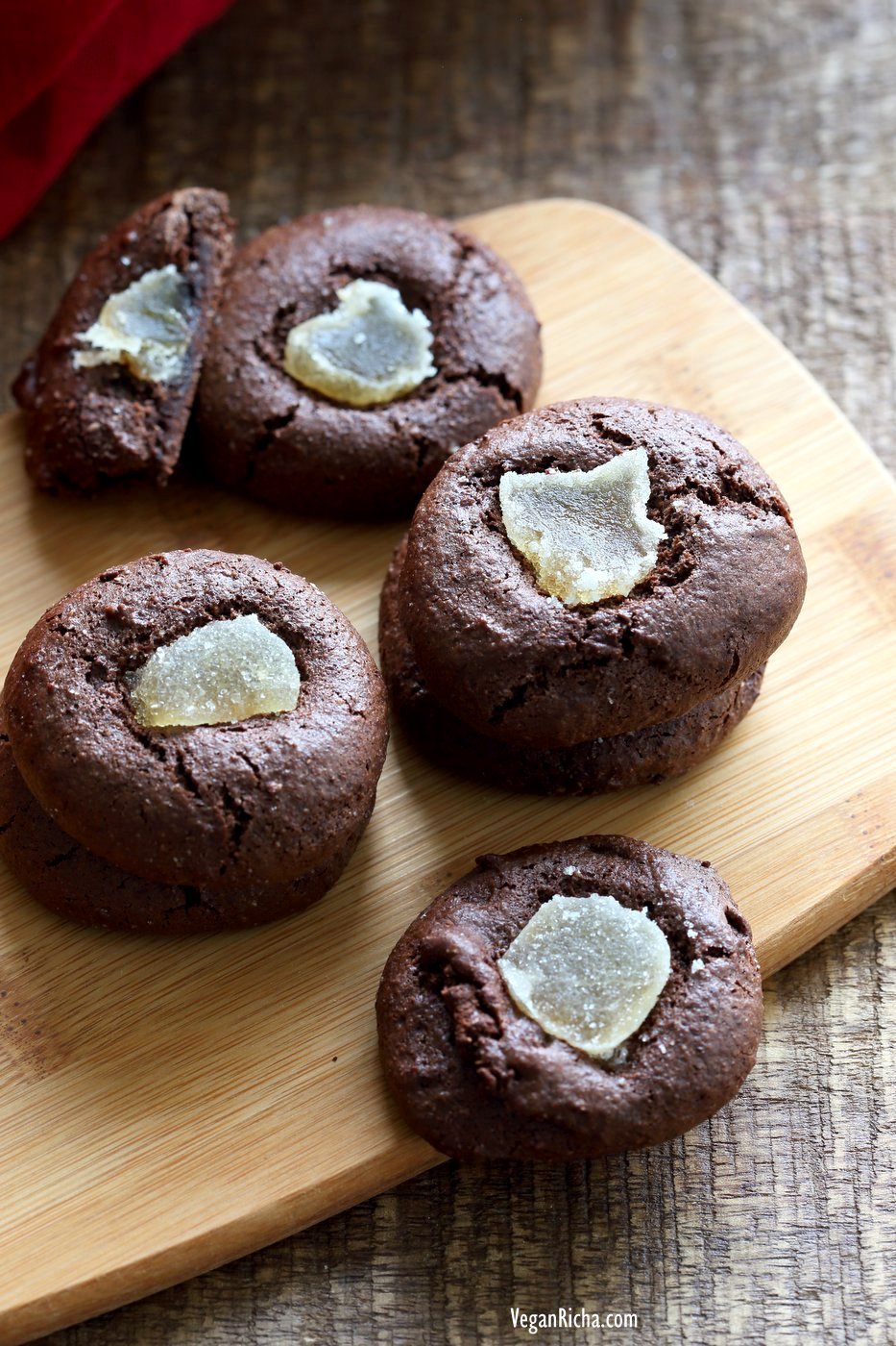 Fudgy Chocolate Cookies with Candied Ginger. Flourless Dark Chocolate Ginger Cookies. Vegan Gluten-free Paleo Refined oil-free Cookie Recipe | VeganRicha.com