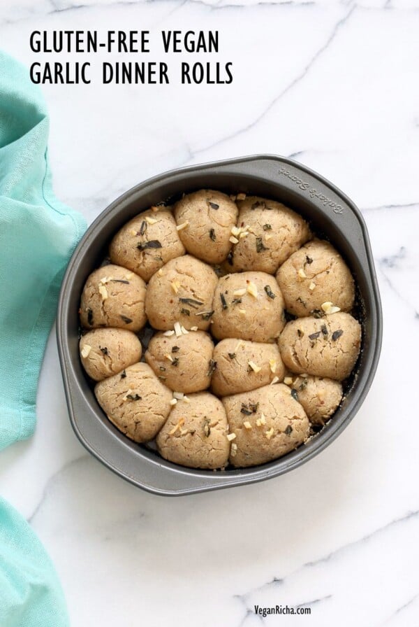 Vegan Gluten free Dinner Rolls with Garlic and Basil. Soft Puffy Gluten-free Dinner Rolls with fresh basil and garlic. Vegan Gluten-free Soy-free Recipe | VeganRicha.com #glutenfree #veganricha #vegan