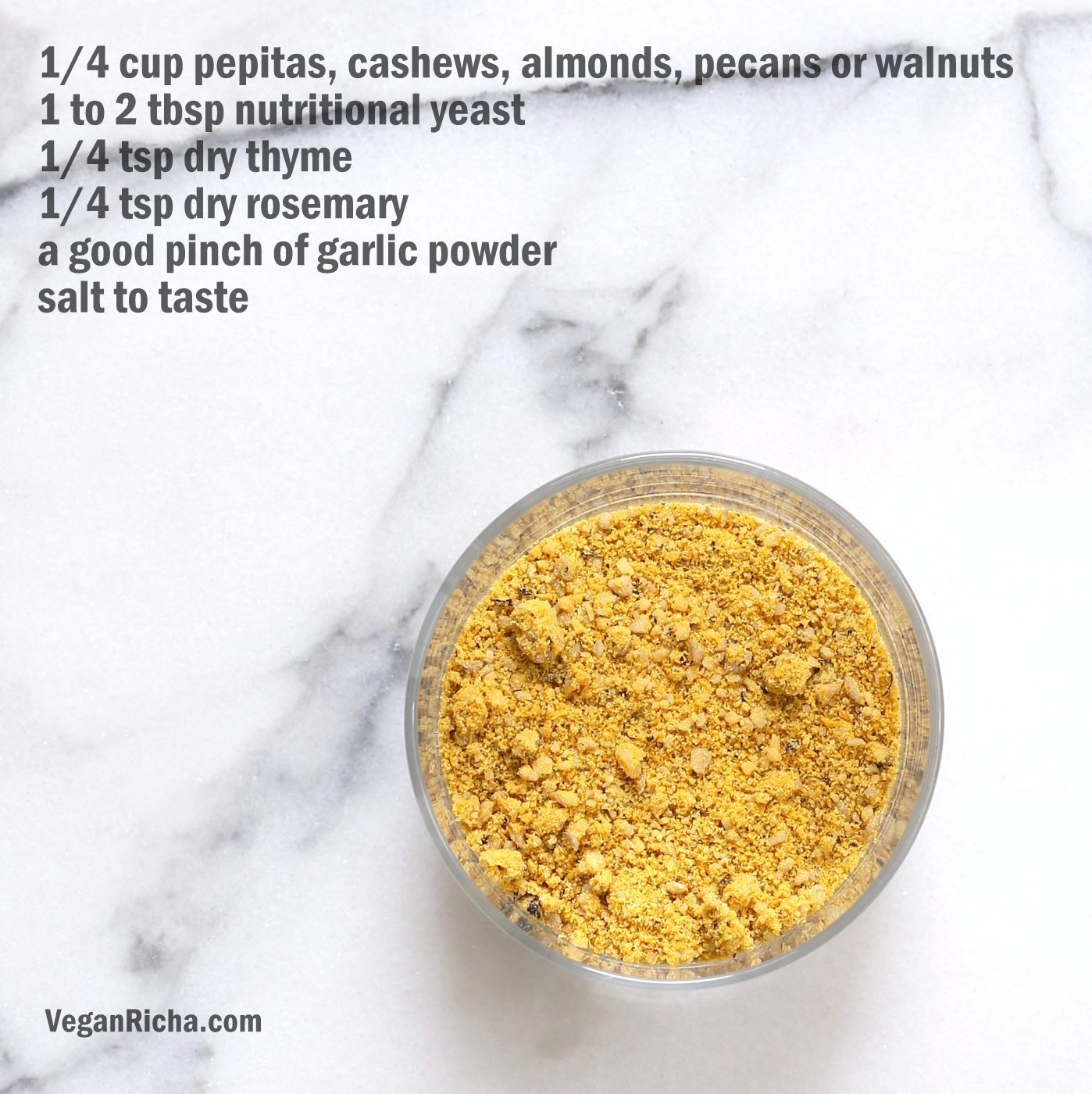 How to make Vegan Parmesan Cheese. Use Cashews, Pecans or Pepitas to make Dairy-free Parmesan cheese. Nut-free Vegan Parmesan Recipe. | VeganRicha.com