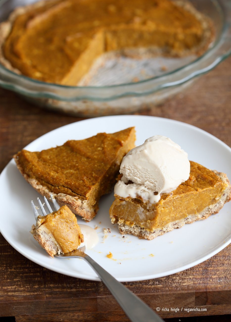 Easy Vegan Pumpkin Pie with a few ingredients and a rustic crust. Can be made gluten-free. Serve with whipped coconut cream or vanilla ice cream. | VeganRicha,com
