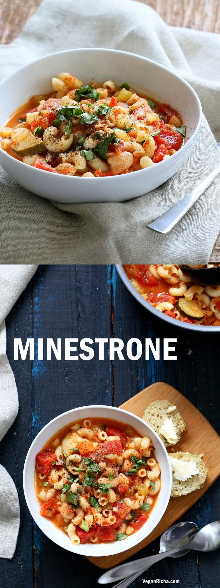 Vegan Minestrone - White Bean Soup with Elbows, Veggies, Basil and vegan parmesan. Can be gluten-free, nut-free. Soy-free Vegan Dairy-free Recipe | VeganRicha.com