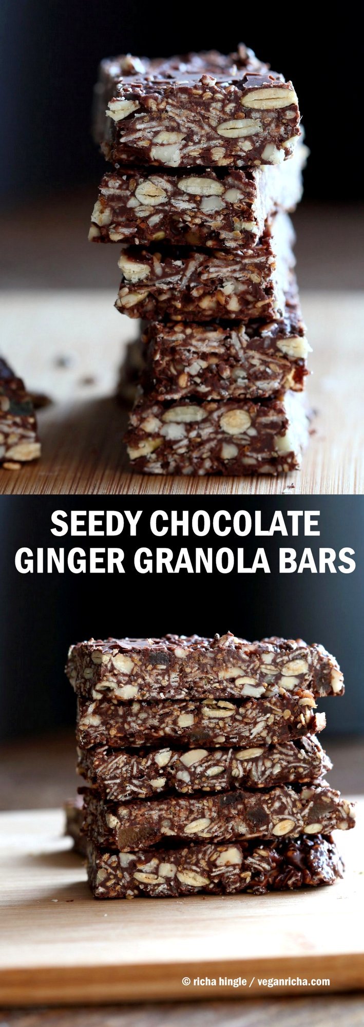 Seedy Chocolate No Bake Granola Bars with candied ginger and gingerbread spices. These bars filled will nuts and seeds make a tasty snack. substitute nuts with more seeds to make them nut-free. #Vegan #Glutenfree #granolabar #Recipe | VeganRicha.com