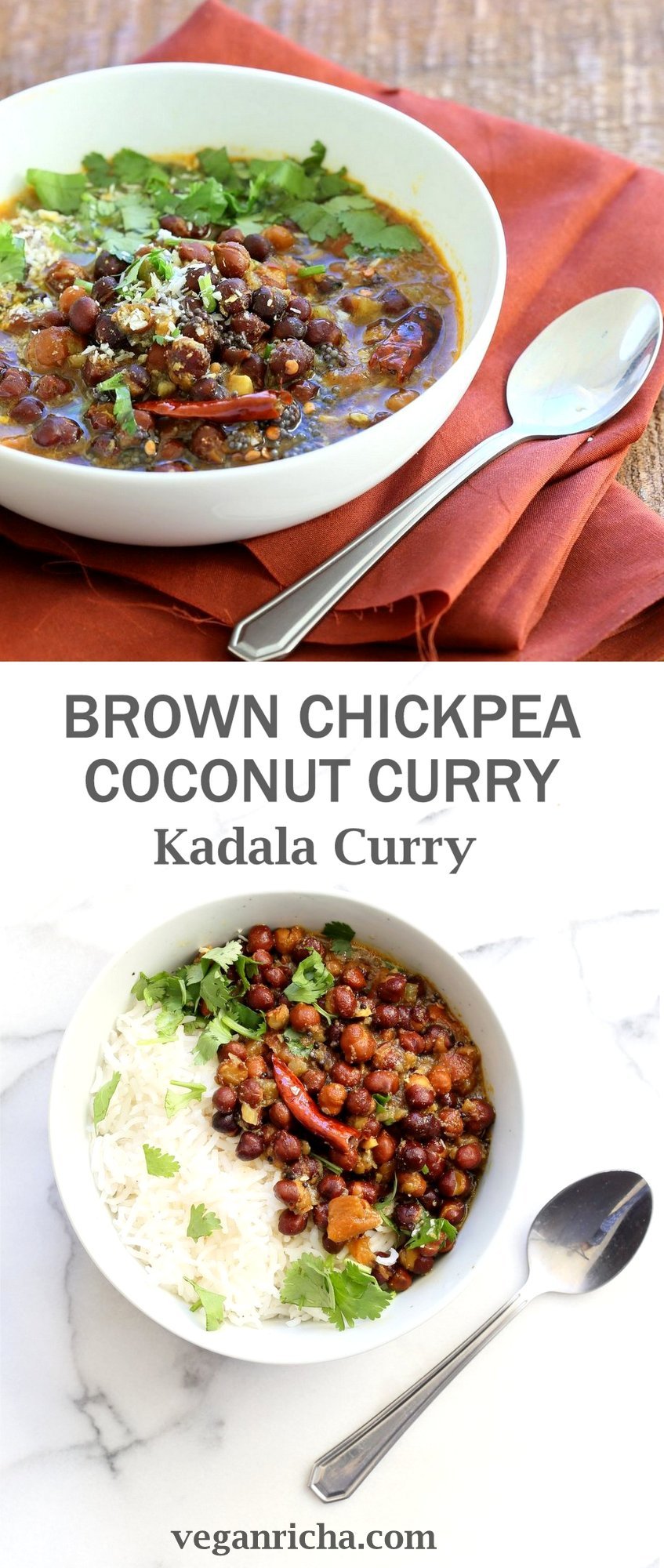 Kadala Curry - Bengal Gram or Kala Chana Curry with Coconut and Spices. Brown Chickpea Coconut Curry from South India (Kerala). Serve with rice, appams, dosas or make a bowl with roasted veggies and grains. Vegan Gluten-free Soy-free Indian Recipe | VeganRicha.com