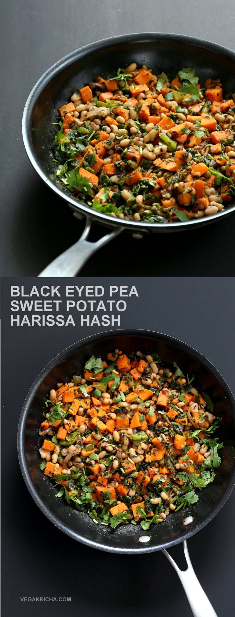 Bring in the new year with this plentiful Black eyed pea and Sweet Potato Hash with Harissa Spice. Ready in 20 minutes. Serve over toast with a creamy dressing or avocado. #Vegan #Glutenfree #Soyfree #Recipe #veganricha | VeganRicha.com