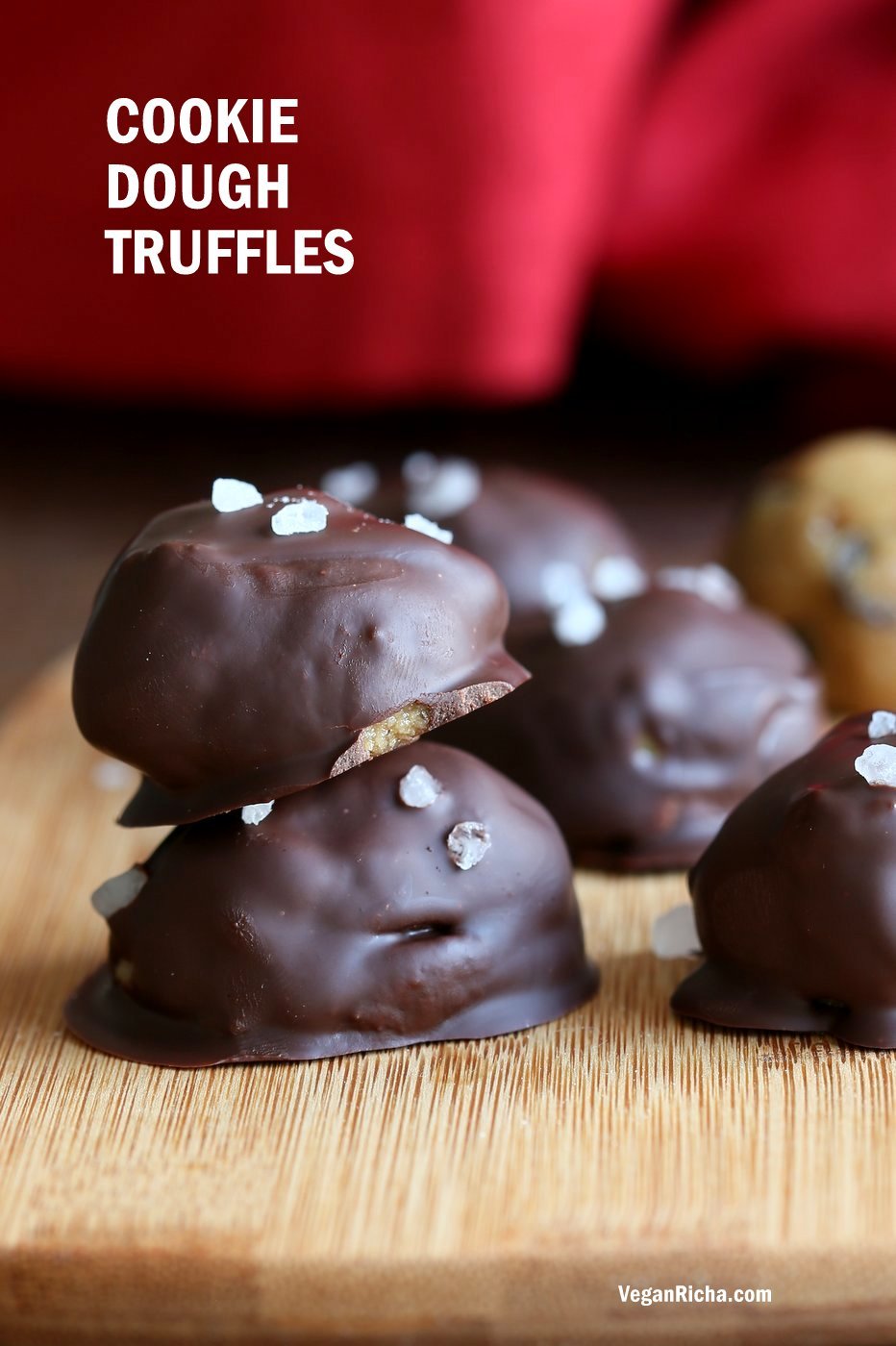 Cookie Dough Truffles. Fudgy Cookie dough coated in melted chocolate and topped with coarse sea salt. Vegan Gluten-free Recipe | VeganRicha.com