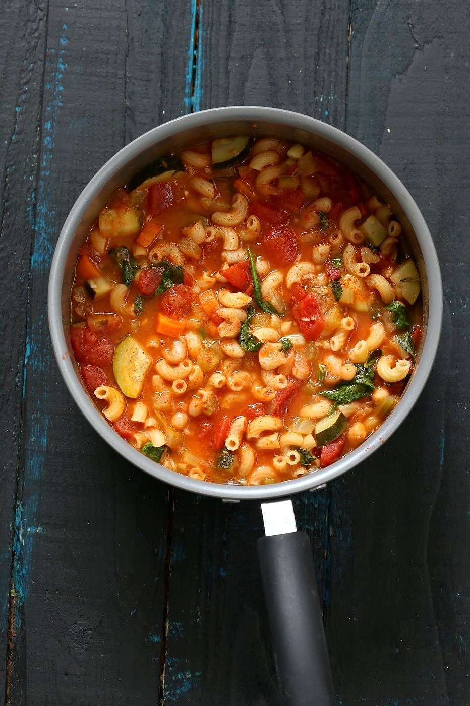 Vegan Minestrone - White Bean Soup with Elbows, Veggies, Basil and vegan parmesan. Can be gluten-free, nut-free. Soy-free Vegan Dairy-free Recipe | VeganRicha.com