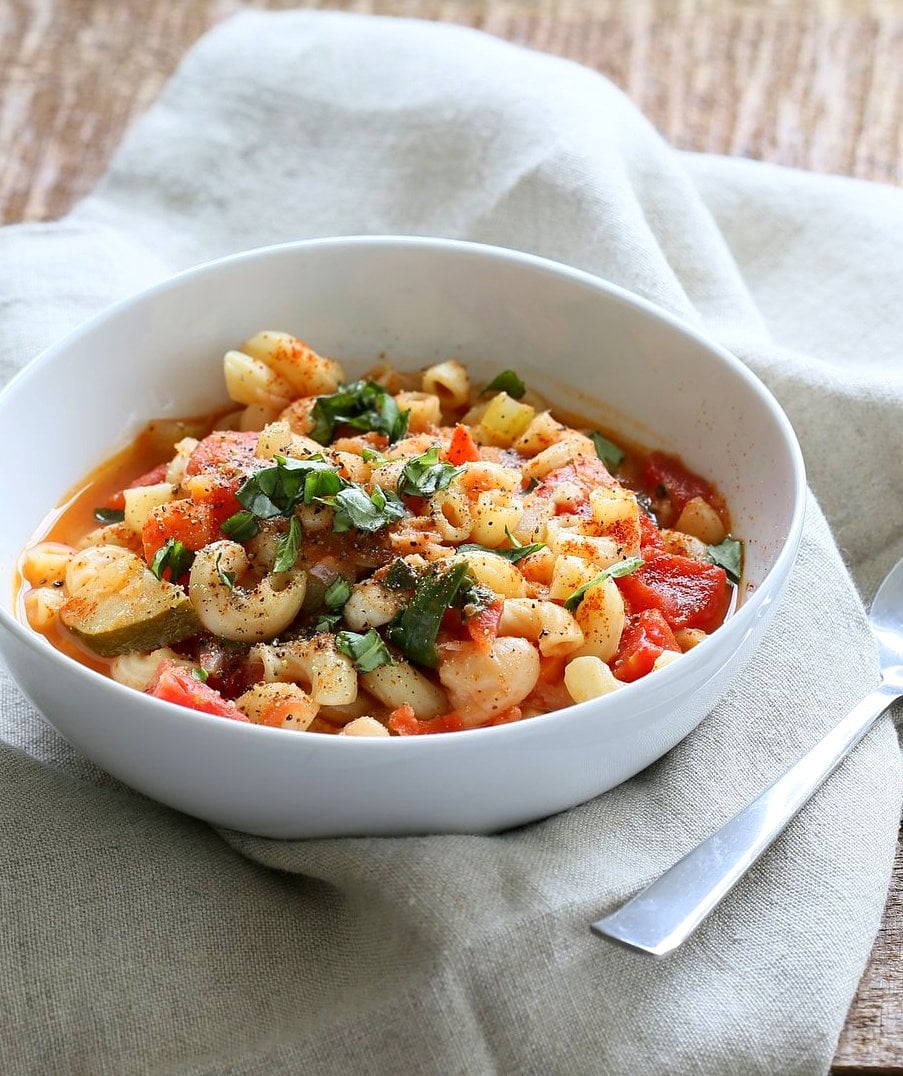 Vegan Minestrone - White Bean Soup with Elbows, Veggies, Basil and vegan parmesan. Can be gluten-free, nut-free. Soy-free Vegan Dairy-free Recipe | VeganRicha.com