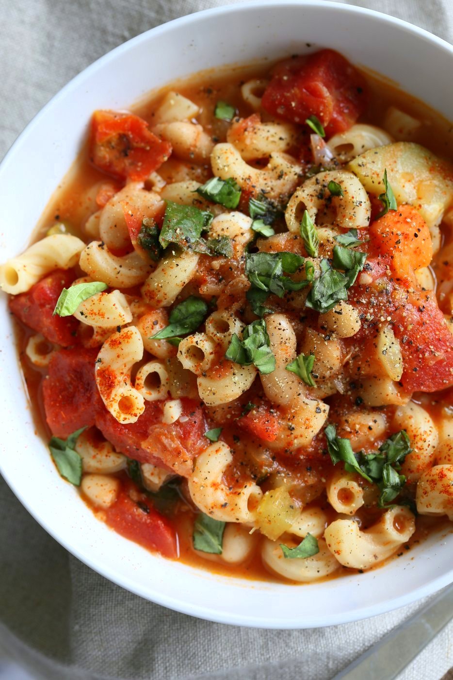 Vegan Minestrone - White Bean Soup with Elbows, Veggies, Basil and vegan parmesan. Can be gluten-free, nut-free. Soy-free Vegan Dairy-free Recipe | VeganRicha.com