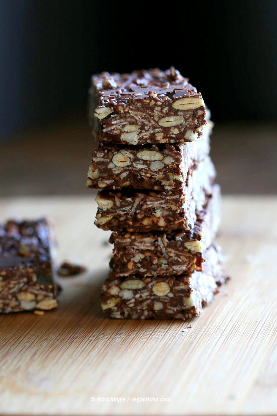 Seedy Chocolate No Bake Granola Bars with candied ginger and gingerbread spices. These bars filled will nuts and seeds make a tasty snack. substitute nuts with more seeds to make them nut-free. Vegan Gluten-free Recipe | VeganRicha.com