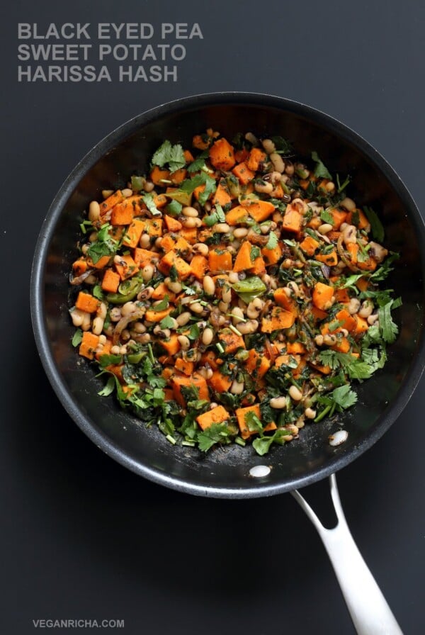 Bring in the new year with this plentiful Black eyed pea and Sweet Potato Hash with Harissa Spice. Ready in 20 minutes. Serve over toast with a creamy dressing or avocado. Vegan Gluten-free Soy-free Recipe