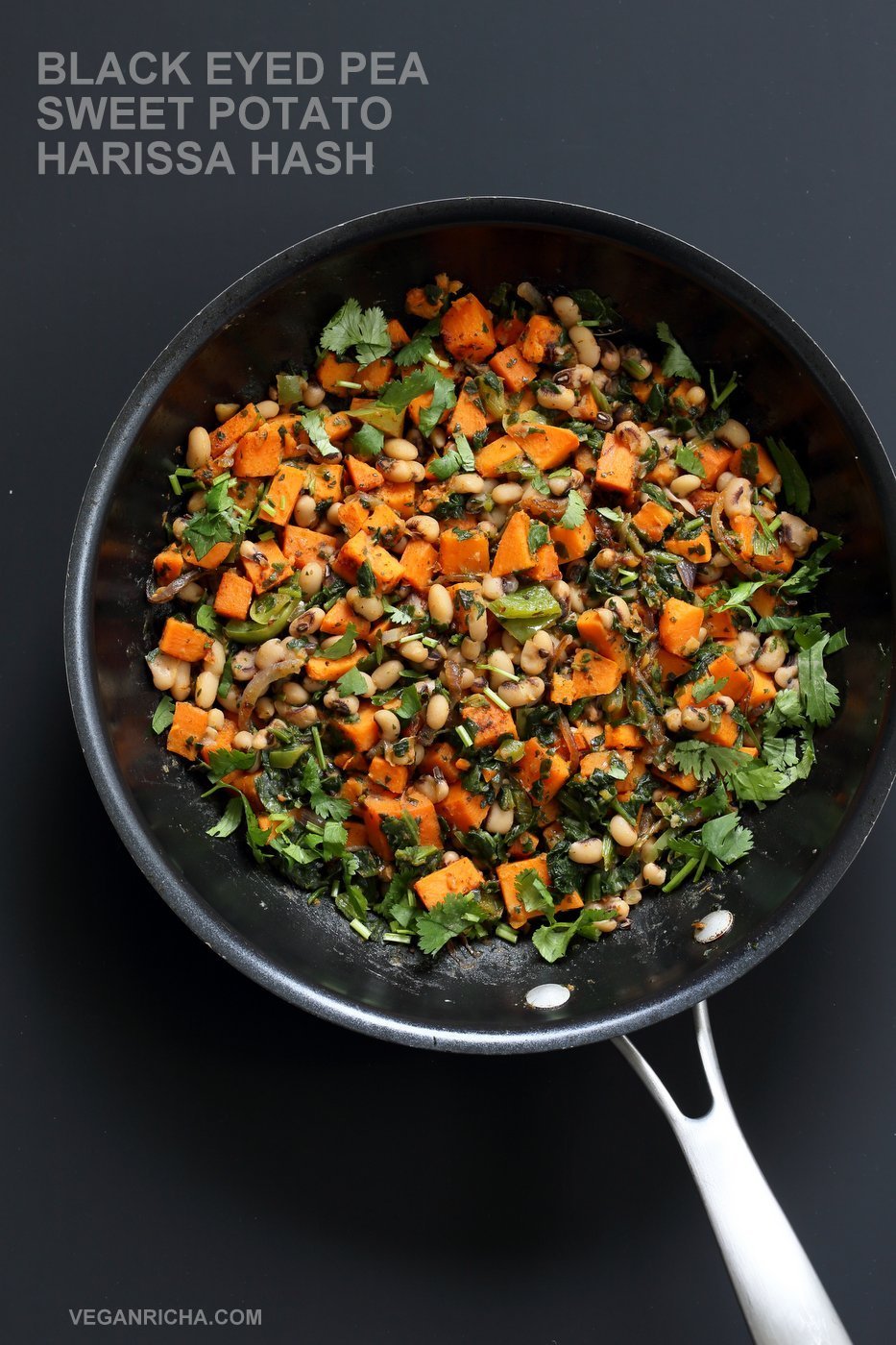 Bring in the new year with this plentiful Black eyed pea and Sweet Potato Hash with Harissa Spice. Ready in 20 minutes. 1 Pot. Serve over toast with a creamy dressing or avocado. #Vegan #Glutenfree #Soyfree #Recipe #veganricha | VeganRicha.com