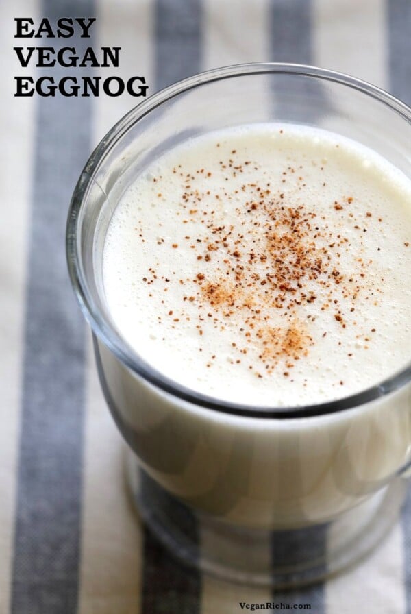 Easy Vegan Eggnog with eggy chickpea flour custard , almond milk, nutmeg, cloves and cinnamon. Make Golden Eggnog with Turmeric or add Cardamom for Chai spice. | VeganRicha.com