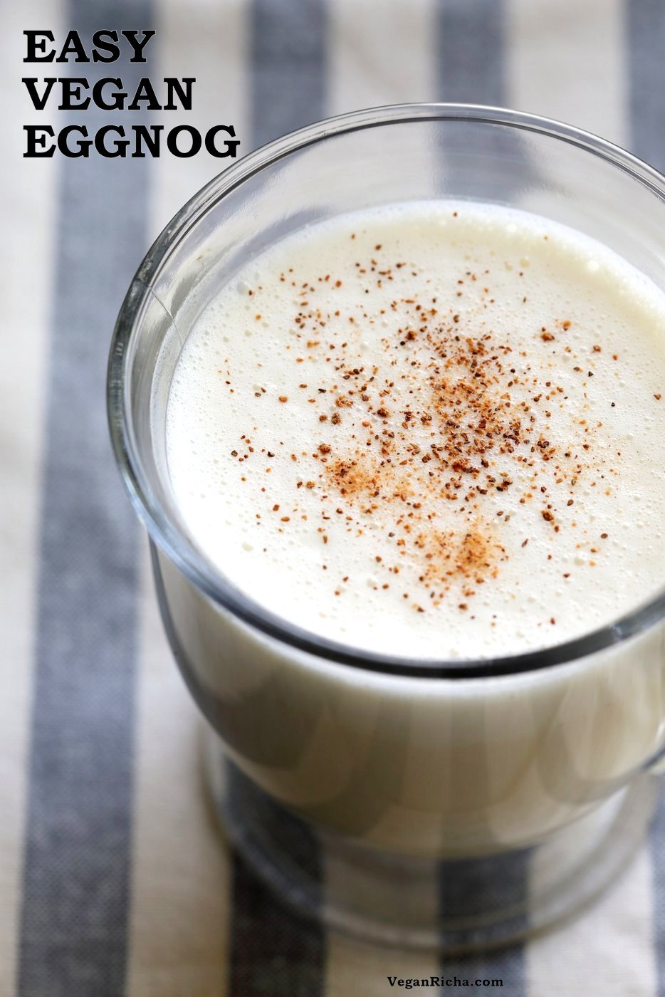 Easy Vegan Eggnog with eggy chickpea flour custard , almond milk, nutmeg, cloves and cinnamon. Make Golden Eggnog with Turmeric or add Cardamom for Chai spice. Vegan Holiday Drink Recipe| VeganRicha.com
