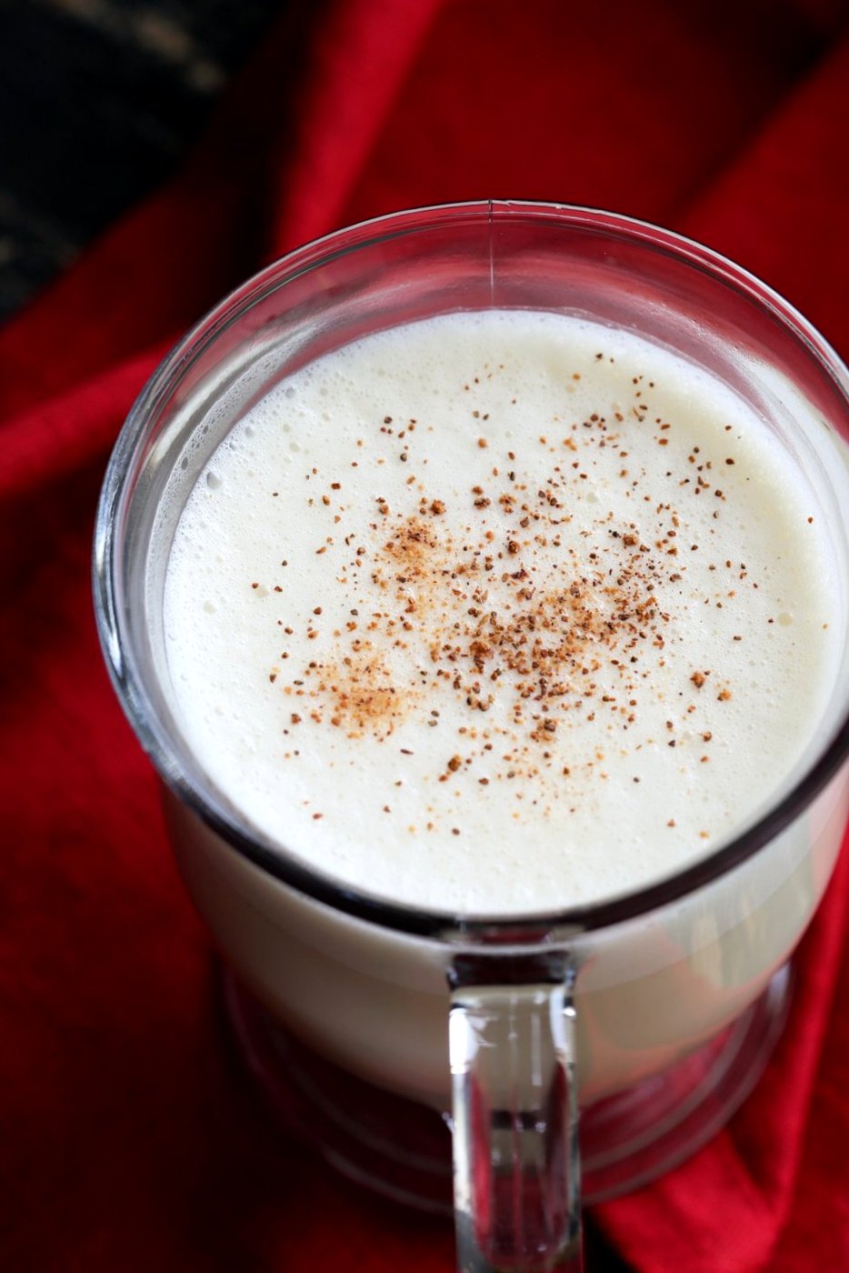 Easy Vegan Eggnog with eggy chickpea flour custard , almond milk, nutmeg, cloves and cinnamon. Make Golden Eggnog with Turmeric or add Cardamom for Chai spice. | VeganRicha.com