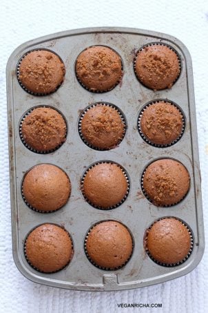 Soft Moist Triple Ginger Gingerbread Muffins with candied, fresh and ground ginger and gingerbread spices in a muffin pan