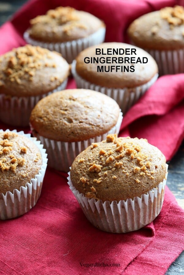 Soft Moist Triple Ginger Gingerbread Muffins with candied, fresh and ground ginger and gingerbread spices. This muffin batter can be made in a blender! Vegan Nut-free Soy-free Recipe | VeganRicha.com