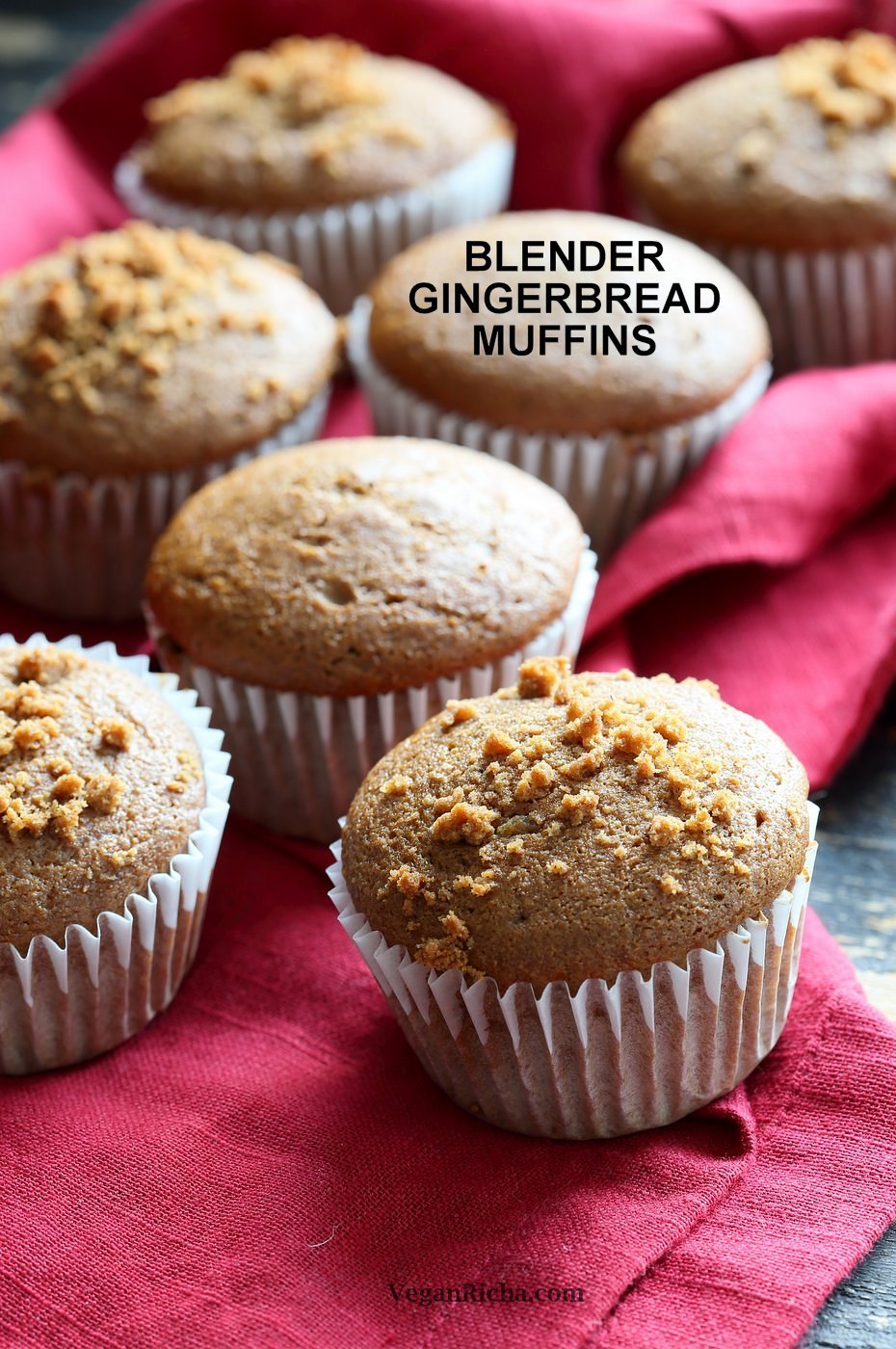 Soft Moist Triple Ginger Vegan Gingerbread Muffins with candied, fresh and ground ginger and gingerbread spices. This muffin batter can be made in a blender! #Vegan #Nutfree #Soyfree #Recipe #veganricha | VeganRicha.com
