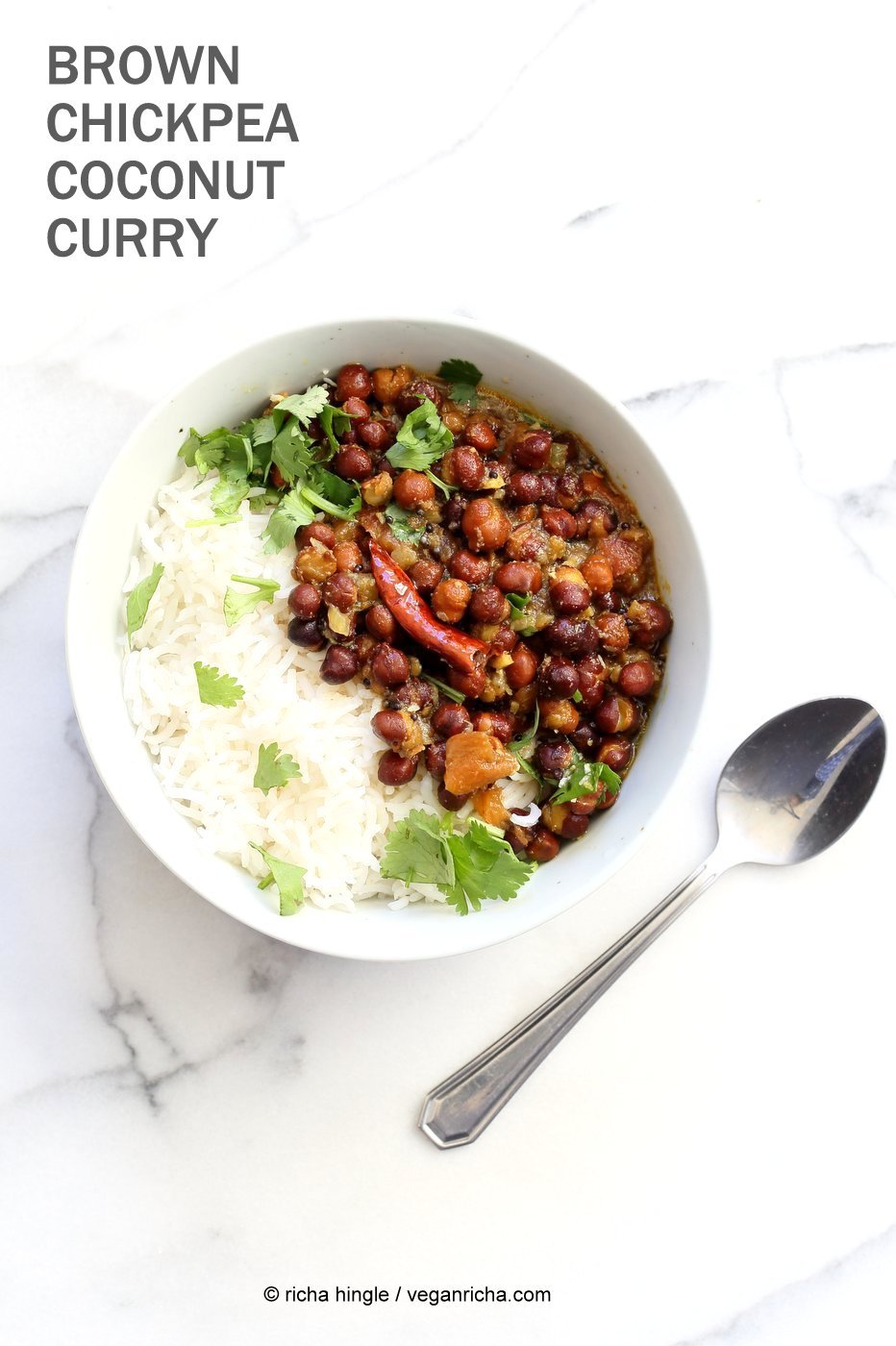 Kadala Curry - Bengal Gram or Kala Chana Curry with Coconut and Spices. Brown Chickpea Coconut Curry from South India (Kerala). Serve with rice, appams, dosas or make a bowl with roasted veggies and grains. Vegan Gluten-free Soy-free Indian Recipe | VeganRicha.com