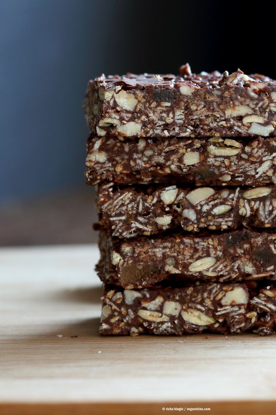 Seedy Chocolate No Bake Granola Bars with candied ginger and gingerbread spices. These bars filled will nuts and seeds make a tasty snack. substitute nuts with more seeds to make them nut-free. Vegan Gluten-free Recipe | VeganRicha.com