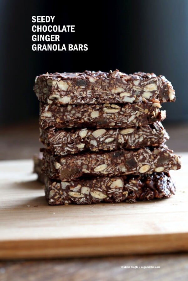 Seedy Chocolate No Bake Granola Bars with candied ginger and gingerbread spices. These bars filled will nuts and seeds make a tasty snack. substitute nuts with more seeds to make them nut-free. Vegan Gluten-free Recipe | VeganRicha.com
