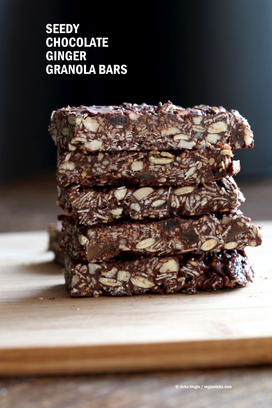 Seedy Chocolate No Bake Granola Bars with candied ginger and gingerbread spices. These bars filled will nuts and seeds make a tasty snack. substitute nuts with more seeds to make them nut-free. Vegan Gluten-free Recipe | VeganRicha.com