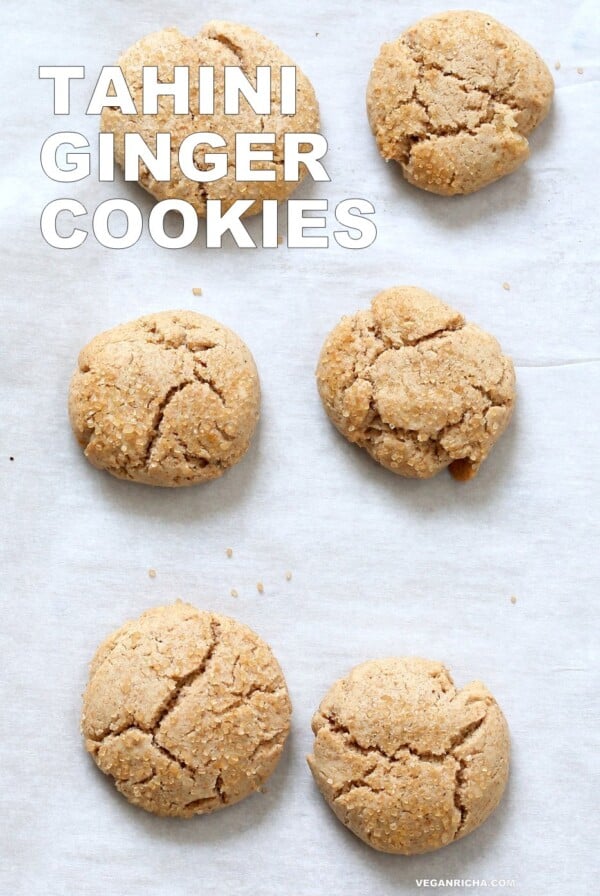 Tahini cookies with Candied Ginger and Gingerbread Spices. Easy Holiday Cookies. Vegan Nut-free Palm oil-free Recipe | VeganRicha.com